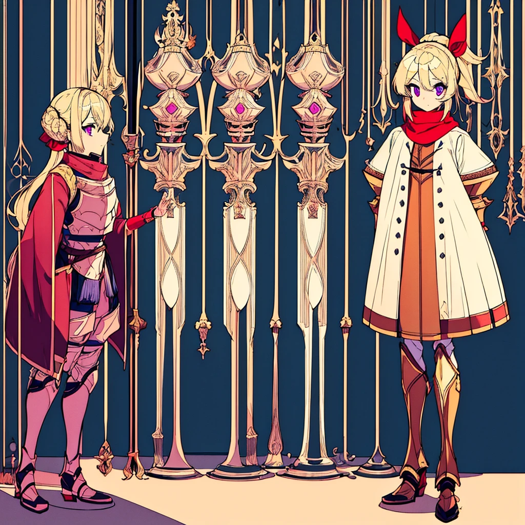 Her name is Poppy, He has very light blonde hair, wear two ponytails, light blue skin, violet eyes, Red scarf, bronze armor. She is short, mide 90cm, character full body, shortstack girl.
