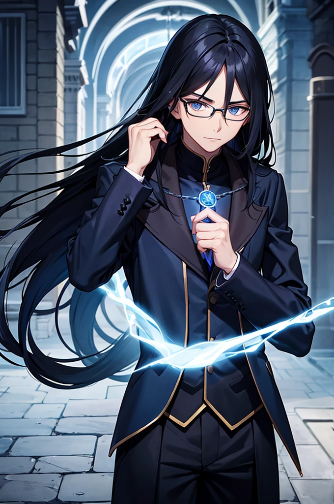 Man with glasses, magician with long black hair, dark blue eyes, wears blue with black magician clothes, young magician, intellectual, cold personality, medieval city background.