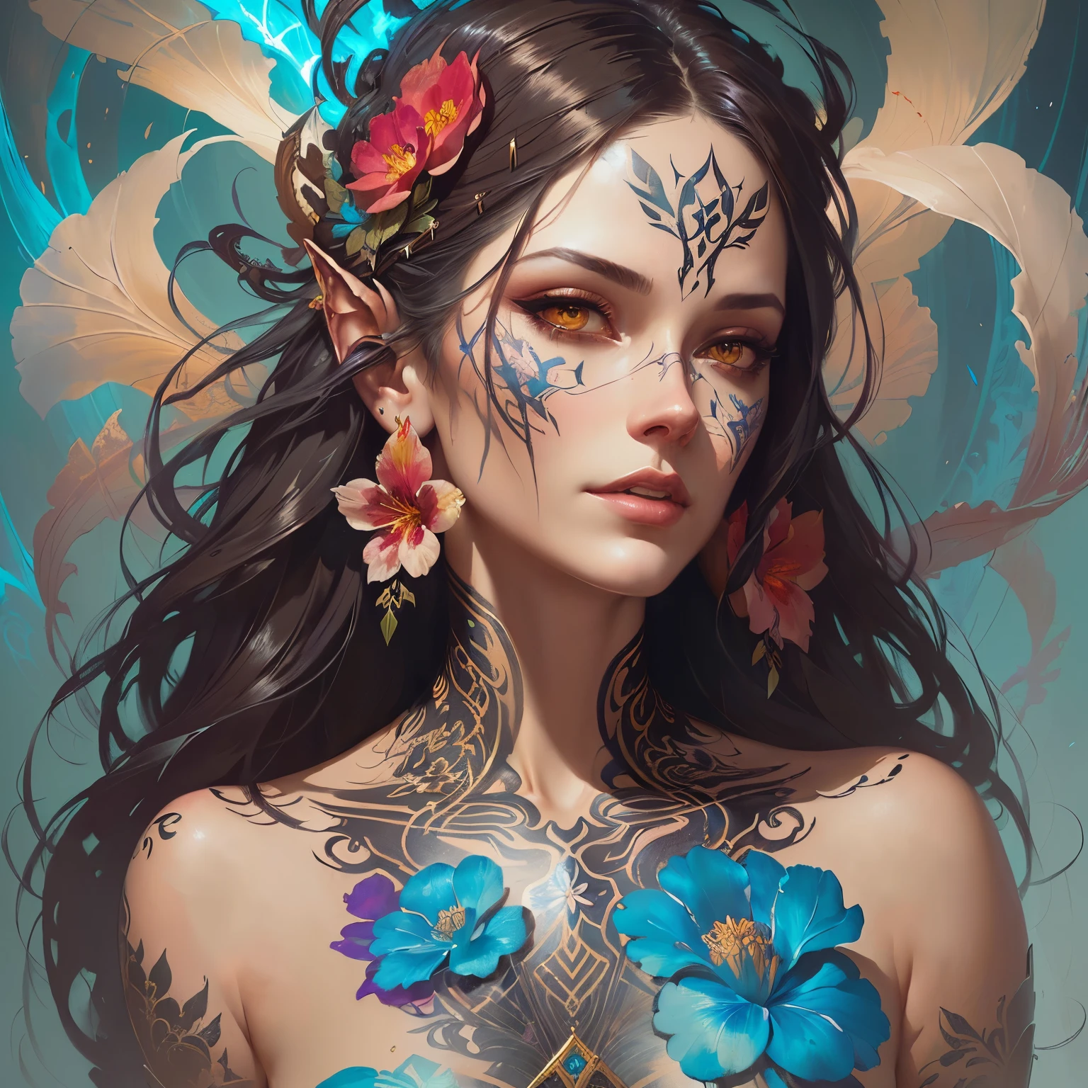 painting of a woman with tattoos and a flower on her face, complex digital painting, Karol Bak and Peter Mohrbacher, detailed fantasy digital art, tangled mess, gorgeous digital art, beautiful portrait in fantasy style, exquisite digital illustration, complex fantasy picture, stunning digital illustration, beautiful digital images, detailed matte fantasy portrait, fantasy art illustration