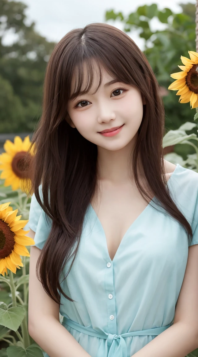 Tabletop, Highest quality, Very detailed, In detail, High resolution, 8k wallpaper, Beautiful big eyes,Black-haired、17 years old, Slender body、爽やかなsmile、Shows the whole body down to the waist、Very beautiful face,Very well-formed face、With sunflowers in the background、A beautiful girl wearing a short-sleeved dress shirt、smile、