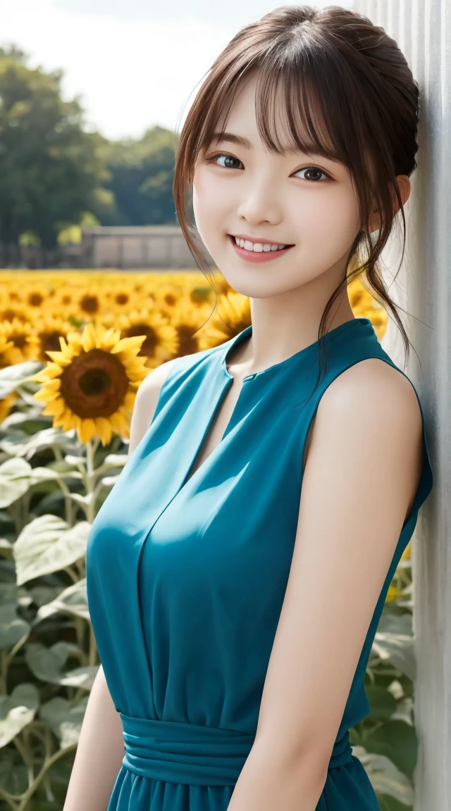 Tabletop, Highest quality, Very detailed, In detail, High resolution, 8k wallpaper, Beautiful big eyes,Black-haired、, Slender body、爽やかなsmile、Shows the whole body down to the waist、Very beautiful face,Very well-formed face、With sunflowers in the background、A beautiful girl wearing a short-sleeved dress shirt、smile、