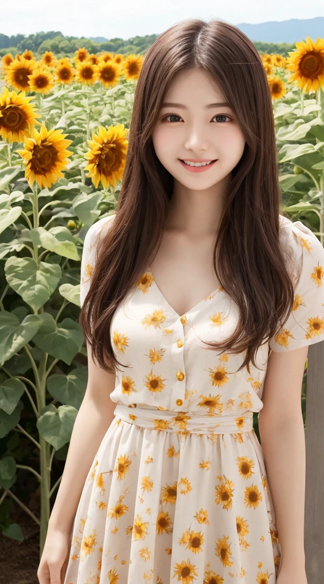 Tabletop, Highest quality, Very detailed, In detail, High resolution, 8k wallpaper, Beautiful big eyes,Black-haired、, Slender body、爽やかなsmile、Shows the whole body down to the waist、Very beautiful face,Very well-formed face、With sunflowers in the background、A beautiful girl wearing a short-sleeved dress shirt、smile、