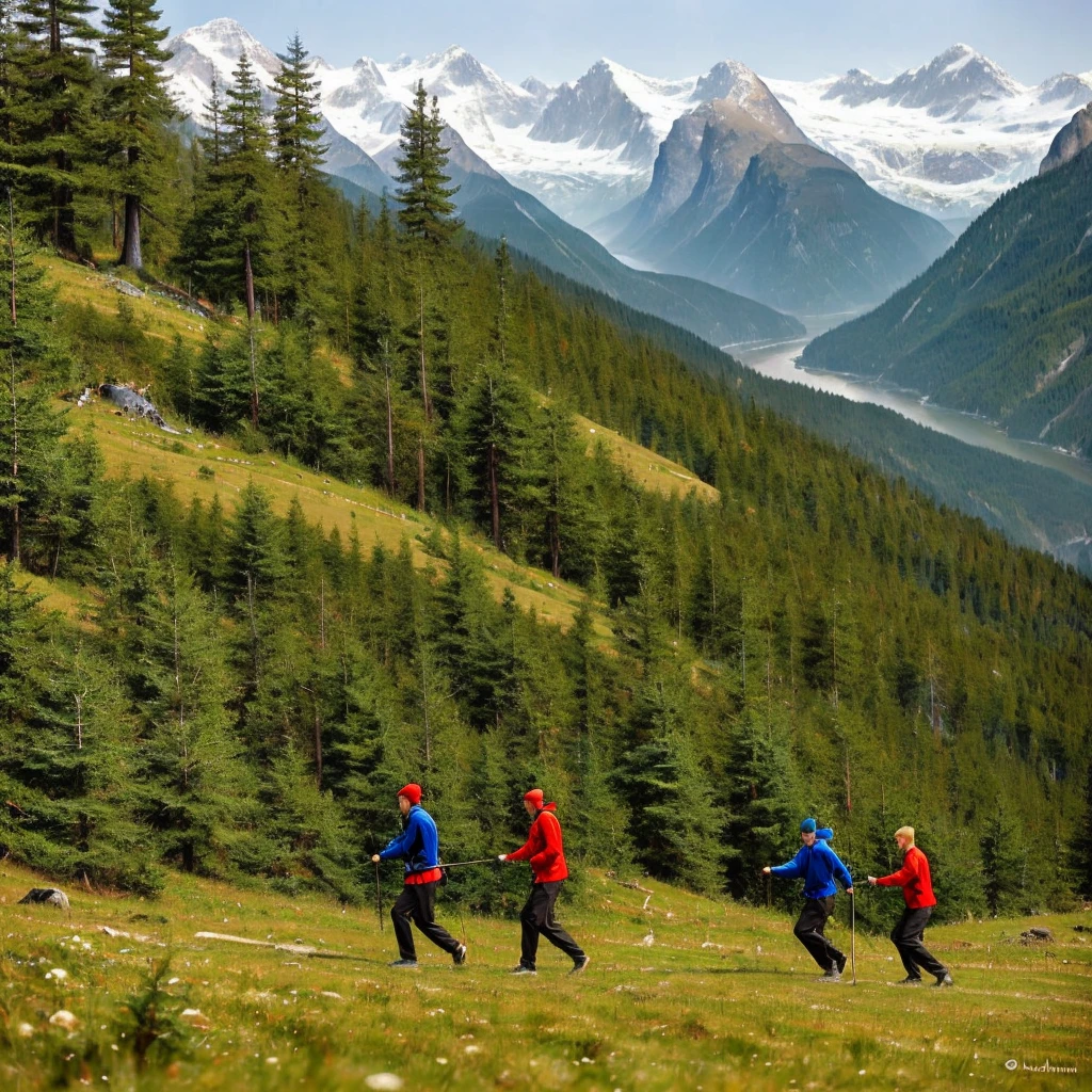 Create a digital artwork featuring two men, one tall blond and the other short brunette, dressed in tracksuit pants and hoodies, fighting a bear with spears near a Wanderweg in the Swiss mountains. The scene is set in a forested area, surrounded by majestic trees and towering peaks, capturing the intense struggle amidst the stunning natural beauty of the Swiss landscape