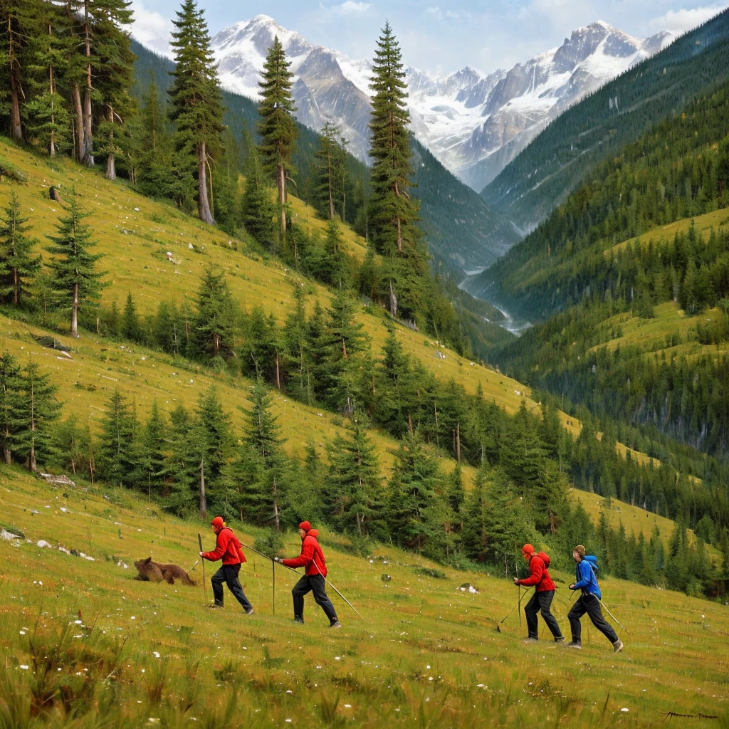 Create a digital artwork featuring two men, one tall blond and the other short brunette, dressed in tracksuit pants and hoodies, fighting a bear with spears near a Wanderweg in the Swiss mountains. The scene is set in a forested area, surrounded by majestic trees and towering peaks, capturing the intense struggle amidst the stunning natural beauty of the Swiss landscape