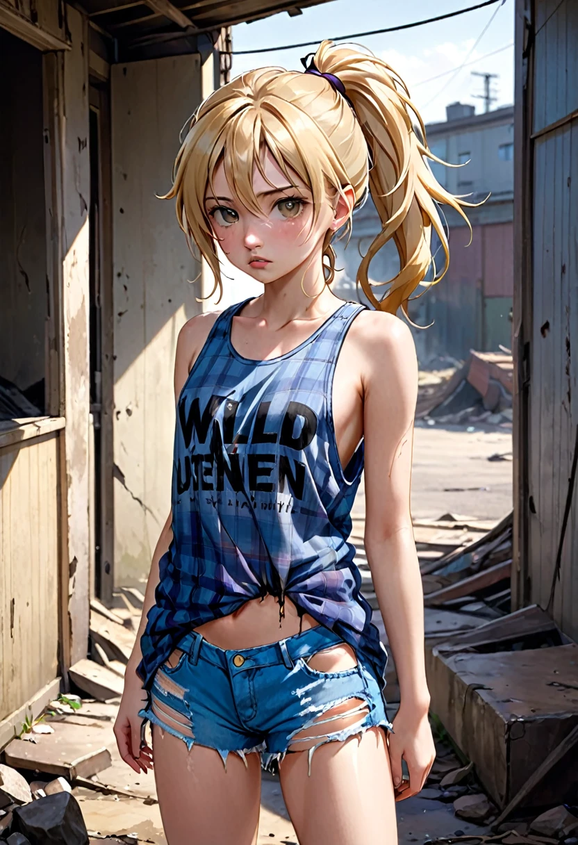 teenage girl, wiry, lean, dirty, grimy, uneven blonde hair with ponytail, wild, untamed, tight dirty tank top, oversized flannel shirt, torn denim shorts