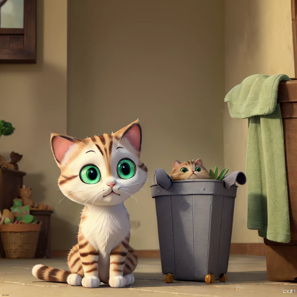 (((masterpiece))),(((Best quality))),((ultra detailed)),((cat)) From the cartoon, Gray, cute eyes, green eyes, is sitting, in the basket