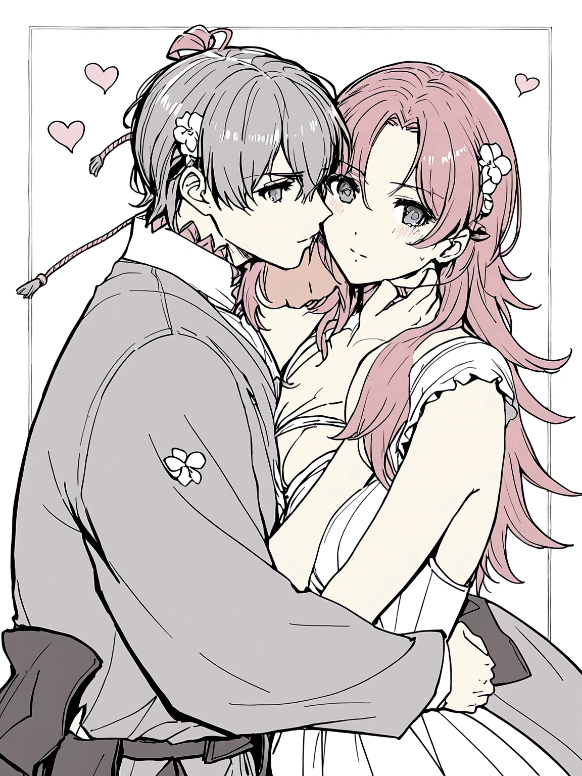 I would like you to create the cover of an anime book featuring a scene involving a young girl with long pink hair and light brown eyes, wearing a long white dress, next to a boy with short white hair and light blue eyes, dressed in a modern style. They are close, him caressing your cheek and exchanging intense looks, as she glares at him with a furious expression. And above the name of the book: I love you, but you love me?