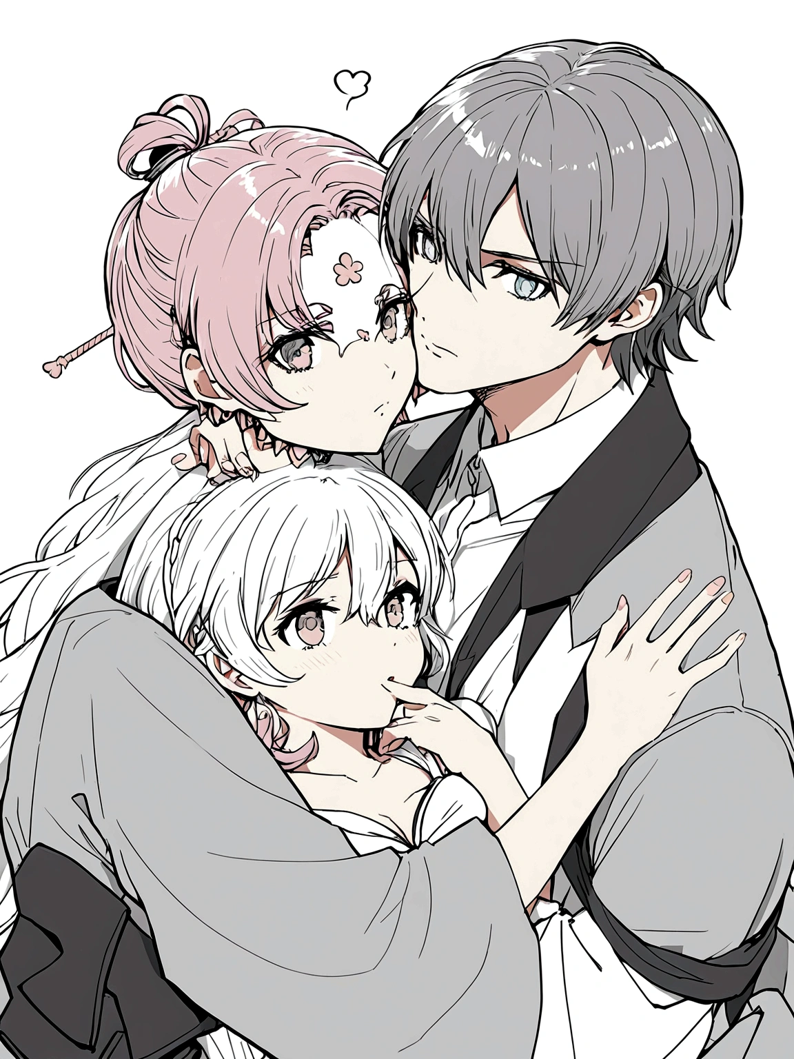 I would like you to create the cover of an anime book featuring a scene involving a young girl with long pink hair and light brown eyes, wearing a long white dress, next to a boy with short white hair and light blue eyes, dressed in a modern style. They are close, him caressing your cheek and exchanging intense looks, as she glares at him with a furious expression. And above the name of the book: I love you, but you love me?