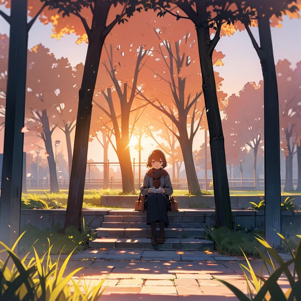 Only one seat in a CENTRALIZED square , sunset, with trees around