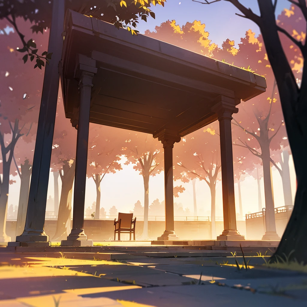 Only one seat in a CENTRALIZED square , sunset, with trees around