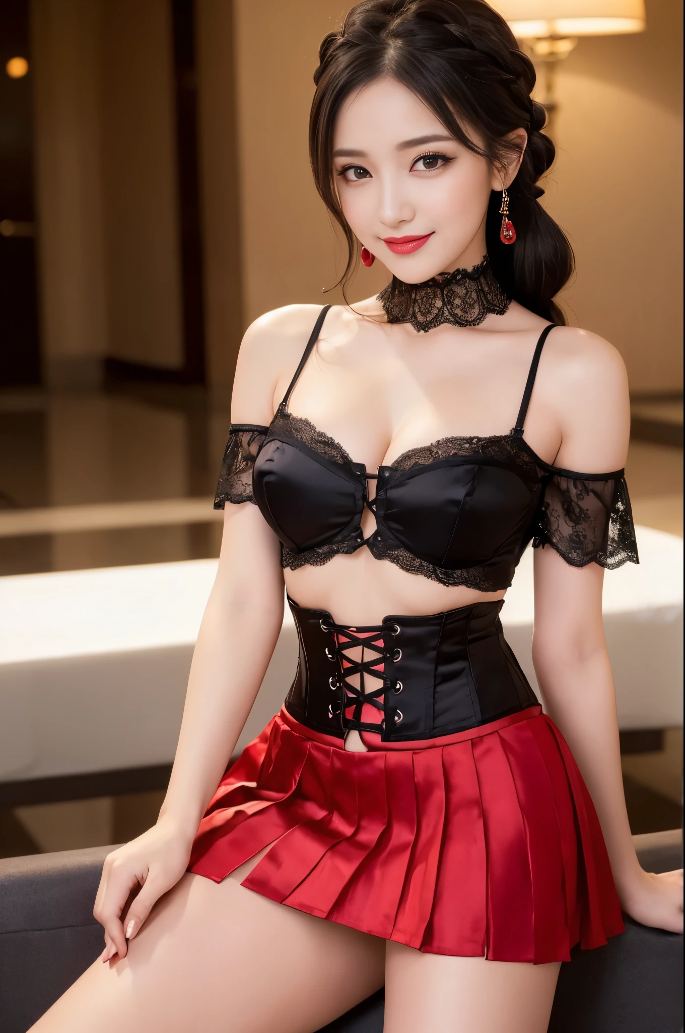 ((Photo from upper body to thigh: 1.4)), ((best soft studio lighting: 1.2)), (sexy stylish female princess: 1.3), (smiling face), photorealistic, ultra high resolution, long natural flowing hair, long lashes, perfect eyeliner, small breasts, (ultra detailed beautiful face), BREAK, clear sharp focus, perfect dark eyeshadow, vivid colors, (at a large bright ultra detailed hotel lobby: 1.3), lip-gloss, bold lipstick, wear an off-shoulder top, full bodyesbian, ((Red-black pleated silk mini skirt)), (lace-up silk corset (lacy red or crimson)), ((Versace lace-up silk bustier top)), sexy braided hold-up tights, (-pantise), (beautiful princess with long legs and good style)