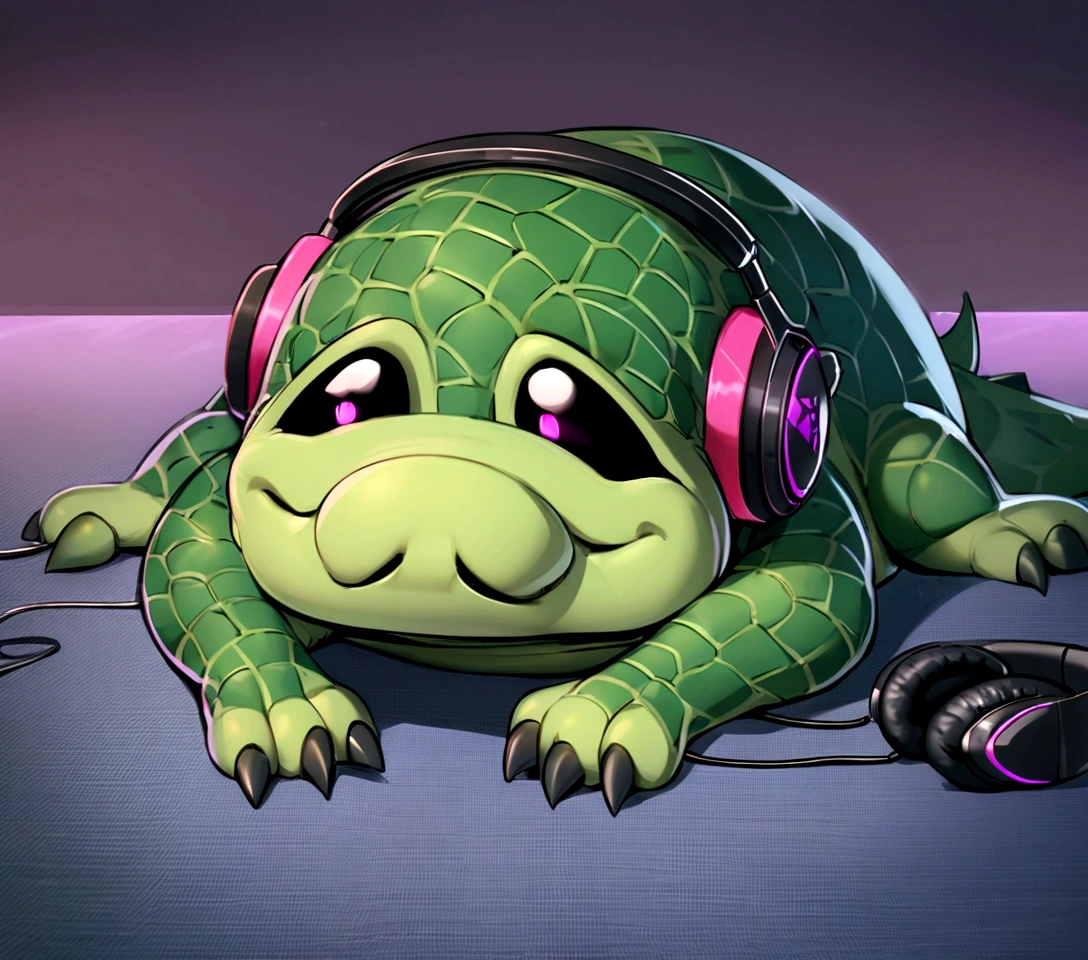 there is a stuffed animal with headphones on sitting on the floor, he has headphones, 🐋 as 🐘 as 🤖 as 👽 as 🐳, twitch streamer / gamer ludwig, with head phones, gamer themed, wearing a gaming headset, mech shaped like a manatee, wearing gaming headset, gamer aesthetic, thicc, crocodile loki, anthropomorphic alligator