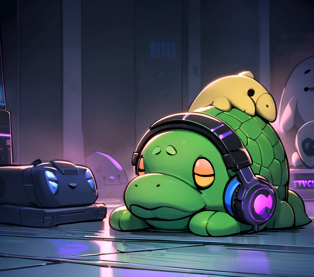 there is a stuffed animal with headphones on sitting on the floor, he has headphones, 🐋 as 🐘 as 🤖 as 👽 as 🐳, twitch streamer / gamer ludwig, with head phones, gamer themed, wearing a gaming headset, mech shaped like a manatee, wearing gaming headset, gamer aesthetic, thicc, crocodile loki, anthropomorphic alligator