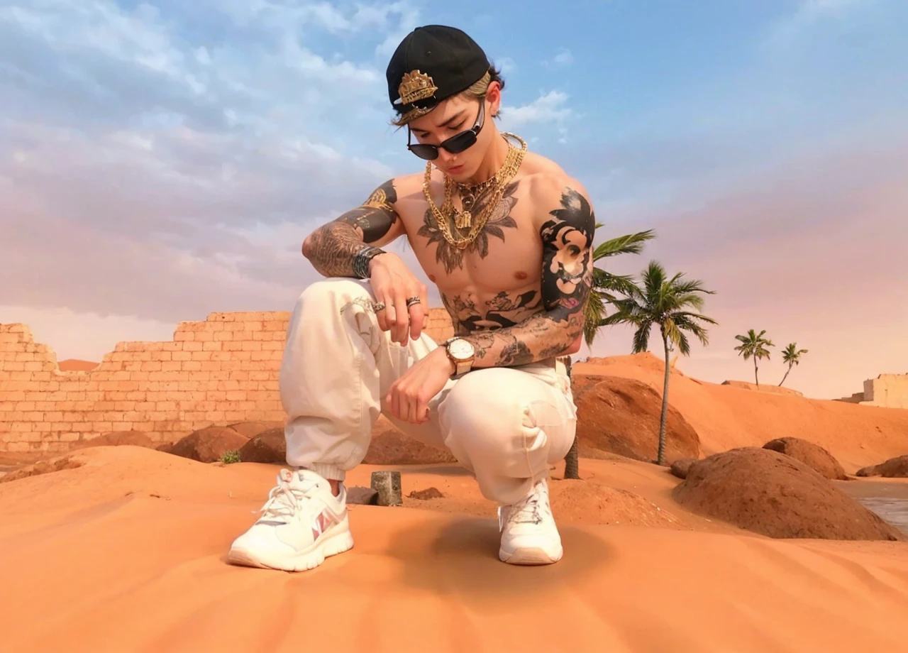 Man squatting shirtless black cap gold watch white pants white sneakers