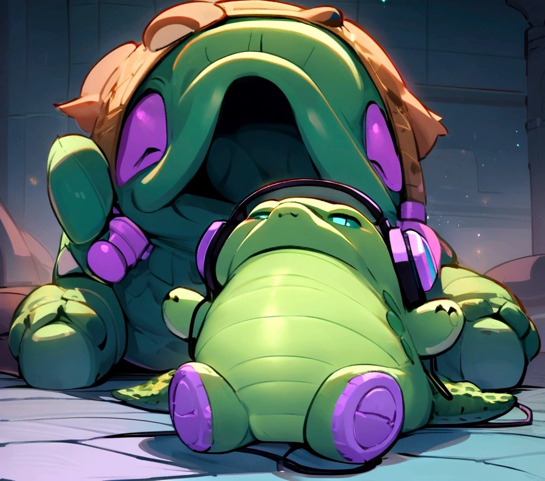 there is a stuffed animal with headphones on sitting on the floor, he has headphones, 🐋 as 🐘 as 🤖 as 👽 as 🐳, twitch streamer / gamer ludwig, with head phones, gamer themed, wearing a gaming headset, mech shaped like a manatee, wearing gaming headset, gamer aesthetic, thicc, crocodile loki, anthropomorphic alligator