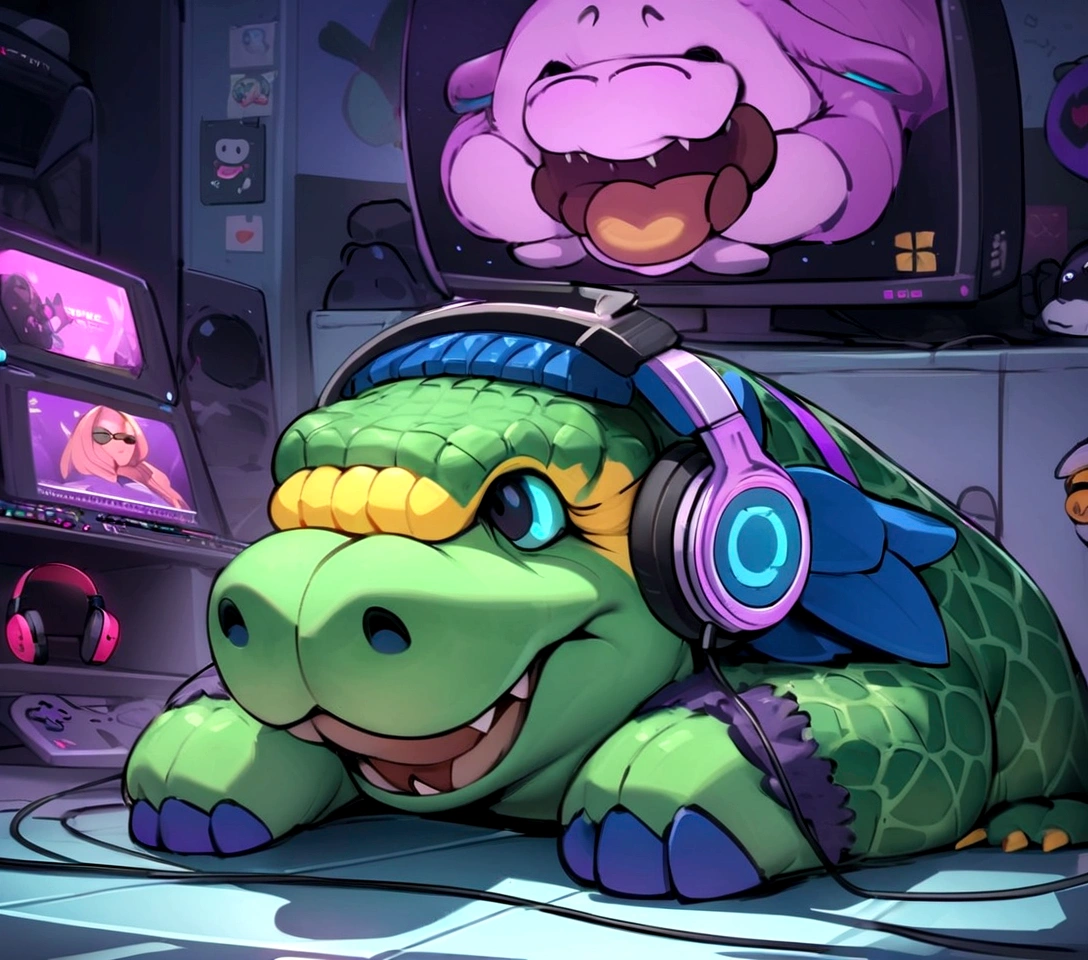 there is a stuffed animal with headphones on sitting on the floor, he has headphones, 🐋 as 🐘 as 🤖 as 👽 as 🐳, twitch streamer / gamer ludwig, with head phones, gamer themed, wearing a gaming headset, mech shaped like a manatee, wearing gaming headset, gamer aesthetic, thicc, crocodile loki, anthropomorphic alligator