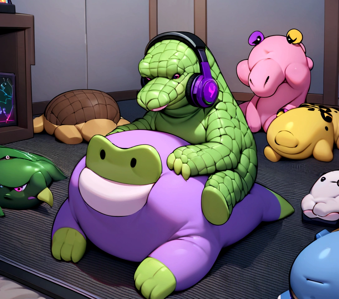 there is a stuffed animal with headphones on sitting on the floor, he has headphones, 🐋 as 🐘 as 🤖 as 👽 as 🐳, twitch streamer / gamer ludwig, with head phones, gamer themed, wearing a gaming headset, mech shaped like a manatee, wearing gaming headset, gamer aesthetic, thicc, crocodile loki, anthropomorphic alligator