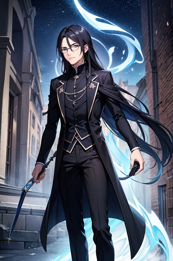 Man with glasses, magician with long black hair, dark blue eyes, wears blue with black magician clothes, young magician, intellectual, cold personality, medieval city background.