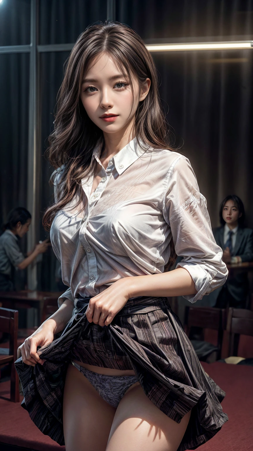 オフィスにいるWoman in a suit,((40-year-old woman))、Big Breasts、Dark brown hair color、バングルを使ったHairstyle.々Hairstyle、Hairstyles of different lengths、(8K, RAW Photos, Highest quality, Tabletop: 1.2),、(Realistic, Realistic: 1.3), Cityscape, Day, Sunny Morning, Professional Lighting, Photon Mapping, shirt, (Woman in a suit,) Silk Suit、Pencil Skirt、Tight Skirt、((Delicate photo)),(の詳細なRAW Photos), (Tabletop:1.25), (Highest quality:1.6), (Ultra-high resolution:1.5), (Realistic:1.75), 8K resolution, Canon EOS R5, 50mm, Absurd, Very detailed,Cinema Lighting,(Skirt flip:1.2)、Browsing Caution:1.1、the wind is strong、smile、I flipped up my skirt、Simple panties