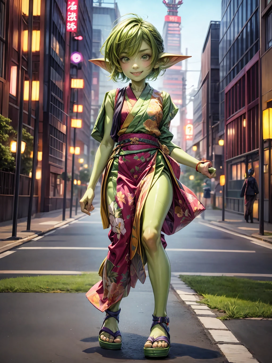 1 girl, short hair, green goblin girl, green skin, small pointy ears, (rainbow hair), wearing fashionable Japanese urbanwear, smiling, sandals, full body, walking in tokyo, dynamic pose, outdoors, in toyko, city, dusk, dynamic lighting, tokyo background