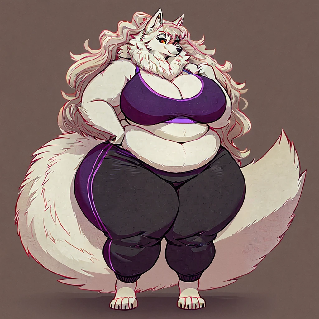 Wolf, female, huge breasts, huge hips, huge thighs, plump, voluptuous, long hair, massive figure, gorgeous, beautiful, eyelashes, top heavy, bottom heavy,fat arms, fat legs, overweight,crop top, sweatpants, barefoot , fluffy, fluffy hair, fluffy arms, fluffy forearms, fluffy cheeks, fluffy tail, fluffy neck