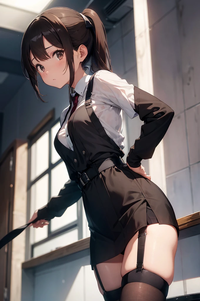 Brown hair、looking at the audience suspenders large and swollen breasts black miniskirt garter belt socks side view small face hits beauty hands up side glance black boots Taunt One Person Dress shirt hands behind the back Put your hands behind your back Hands behind your back Con las hands behind the back Armament learn Garter Belt Black Gloves With Holes Hotel Room bed wall side blonde ponytail