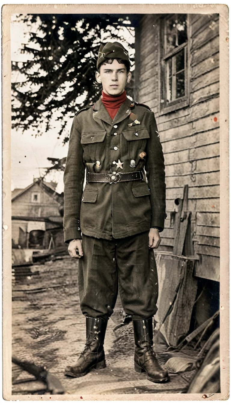 Year 1939, Young man aged 17-18 years , Dark green jacket, red turtleneck, The jacket has a red four-pointed star on the lapel., Always wear a black vest., Wearing light green M35 Harovari pants.,, Military boots, Wear a Soviet Pilotka Cap.(clamp cap) There is a red star attached to it., Eastern Slavic faces(Soviet Union), Soviet Union, World War II, ww2 old pictures, ww2 military camp