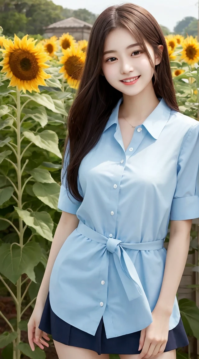 Tabletop, Highest quality, Very detailed, In detail, High resolution, 8k wallpaper, Beautiful big eyes,Black-haired、, Slender body、爽やかなsmile、Shows the whole body down to the waist、Very beautiful face,Very well-formed face、With sunflowers in the background、A beautiful girl wearing a short-sleeved dress shirt、smile、Black Skirt、