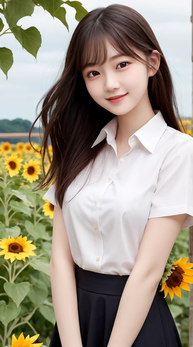 Tabletop, Highest quality, Very detailed, In detail, High resolution, 8k wallpaper, Beautiful big eyes,Black-haired、17 years old, Slender body、爽やかなsmile、Shows the whole body down to the waist、Very beautiful face,Very well-formed face、With sunflowers in the background、A beautiful girl wearing a short-sleeved dress shirt、smile、Black Skirt、