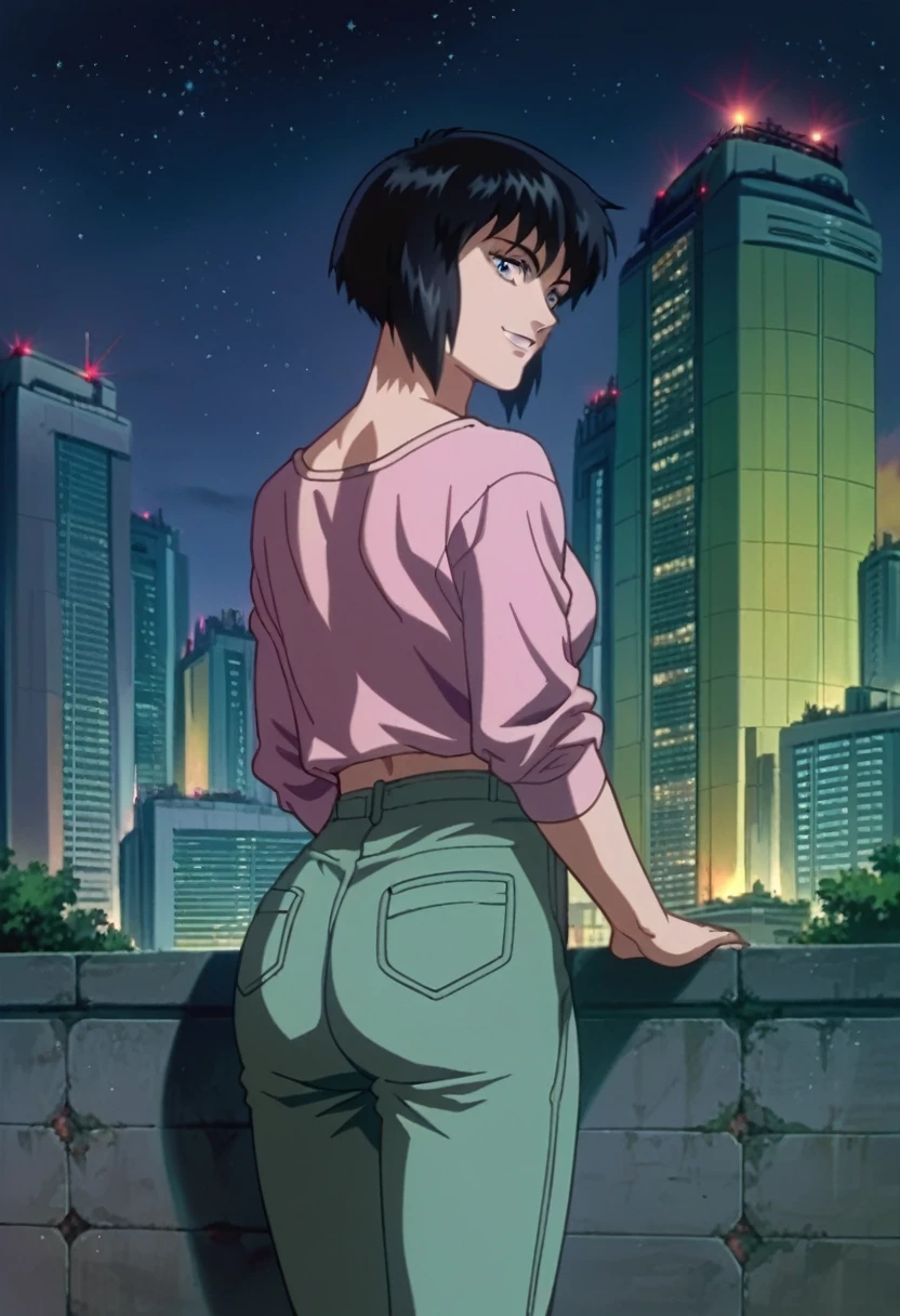 score_9, score_8_up, score_7_up, zPDXL,source_anime, ghostintheshellstyle, retro anime, 1girl, building, outdoors, black hair, cityscape, sky, short hair, scenery, pants, night, dark, stars, looking at viewer, smile, back view, 