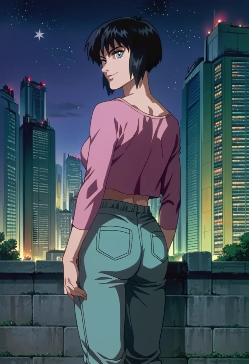 score_9, score_8_up, score_7_up, zPDXL,source_anime, ghostintheshellstyle, retro anime, 1girl, building, outdoors, black hair, cityscape, sky, short hair, scenery, pants, night, dark, stars, looking at viewer, smile, back view, 