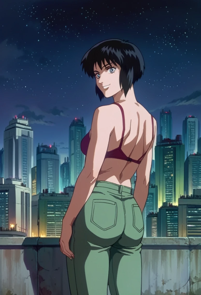 score_9, score_8_up, score_7_up, zPDXL,source_anime, ghostintheshellstyle, retro anime, 1girl, building, outdoors, black hair, cityscape, sky, short hair, scenery, pants, night, dark, stars, looking at viewer, smile, back view, 