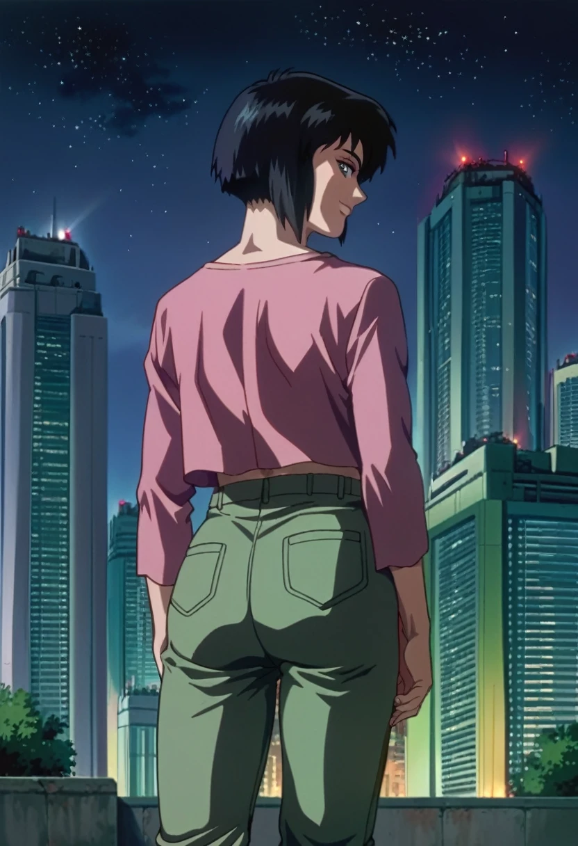 score_9, score_8_up, score_7_up, zPDXL,source_anime, ghostintheshellstyle, retro anime, 1girl, building, outdoors, black hair, cityscape, sky, short hair, scenery, pants, night, dark, stars, looking at viewer, smile, back view, 