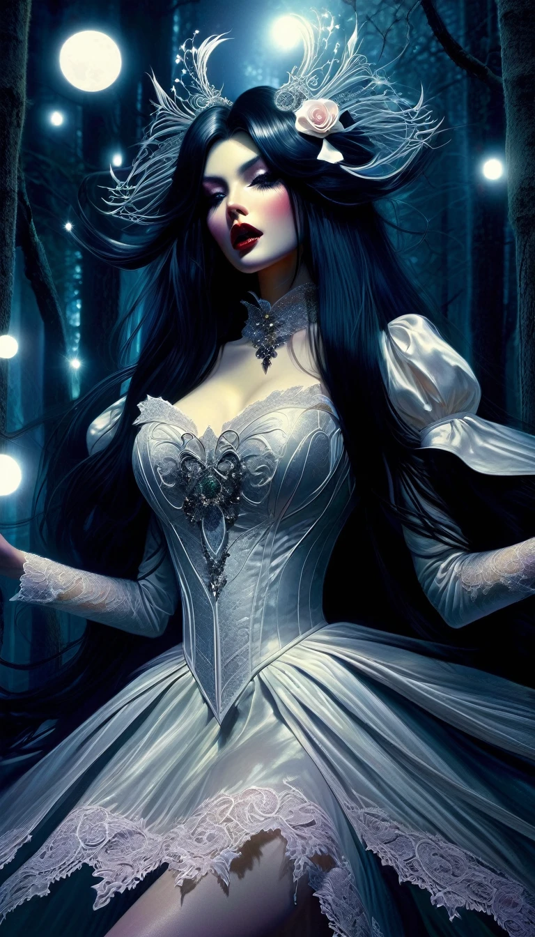 a magical girl with very long black hair, wearing a sexy lace dress, in a sinister forest, performing magic under a night sky with moons and stars, in a fantastic scene (best quality, 4k, 8k, high resolution, masterpiece: 1.2), ultra detailed, (realistic, photorealistic, photorealistic: 1.37), extremely detailed eyes and face, long eyelashes, porcelain skin, slender figure, smooth skin, intricate details, hyperrealistic, dramatic lighting, cinematic composition, volumetric fog , dramatic shadows, chiaroscuro, moody atmosphere, dark fantasy, gothic, occult, erotic, nsfw, explicit sexual content, extreme blowjob, penis, fluids, cumshot, cock stuck all over mouth (art inspired by Bill Sienkiewicz). oil painting)