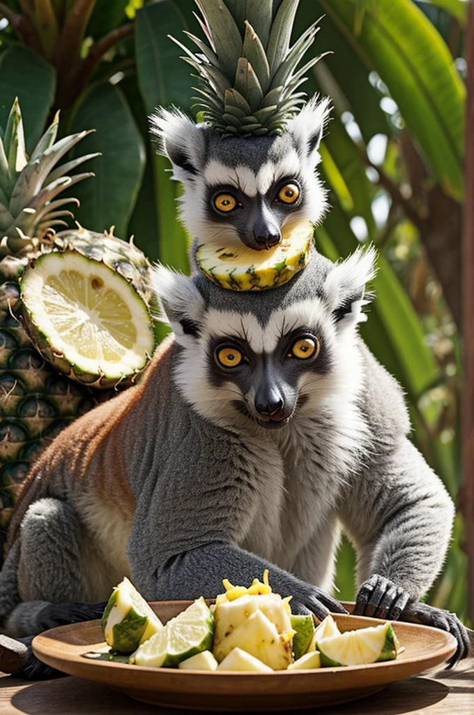 Animated image of a lemur with a pineapple crown eating some Sabritas
