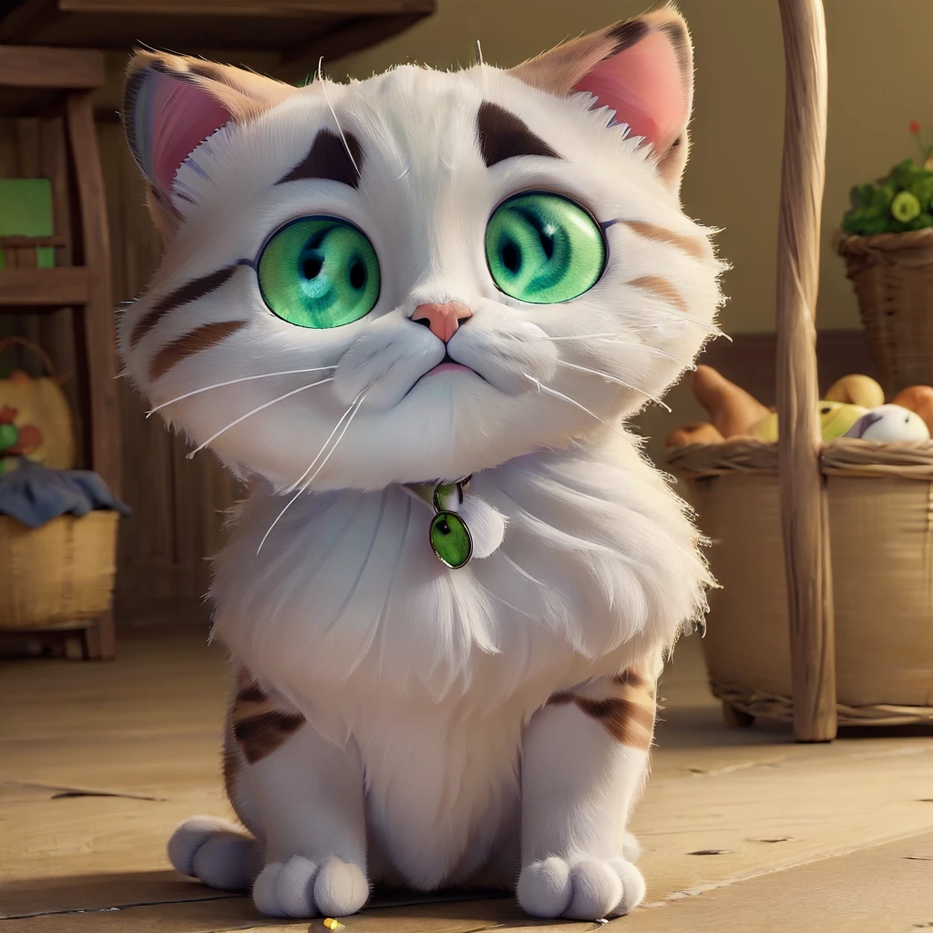(((masterpiece))),(((Best quality))),((ultra detailed)),((1 cat)) From the cartoon, Grey wool, cute eyes, green eyes, is sitting, in the basket