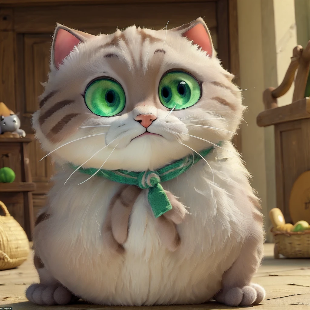 (((masterpiece))),(((Best quality))),((ultra detailed)),((1 cat)) From the cartoon, Grey wool, cute eyes, green eyes, is sitting, in the basket