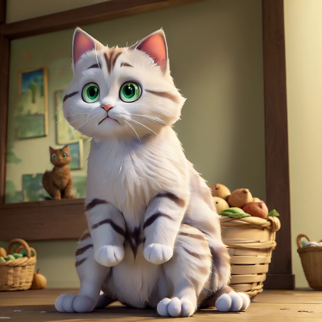(((masterpiece))),(((Best quality))),((ultra detailed)),((1 cat)) From the cartoon, Grey wool, cute eyes, green eyes, is sitting, in the basket