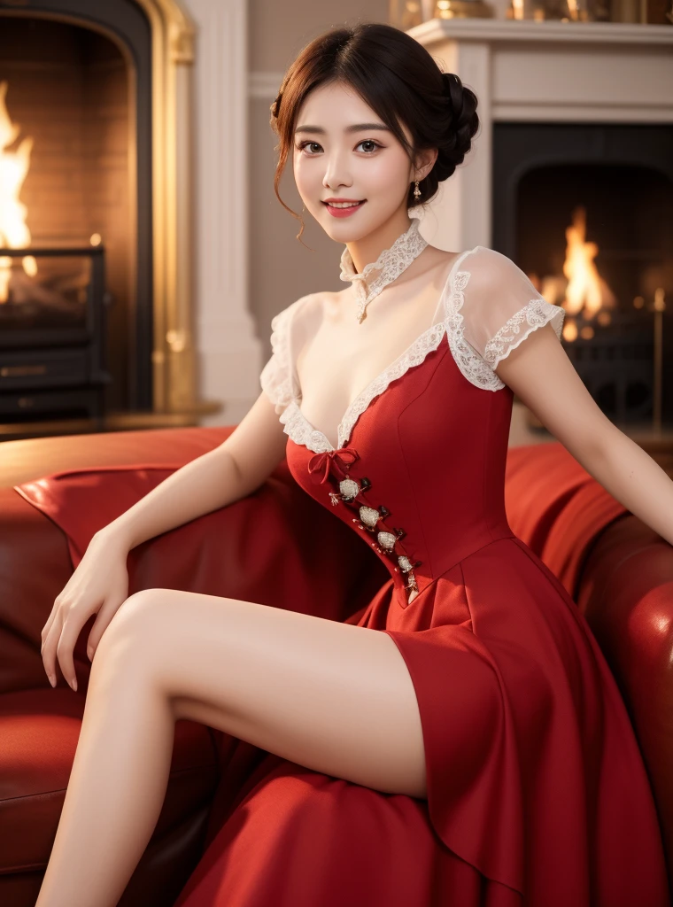 8k, masterpiece, highly detailed, high quality,
1girl, wearing a red (victorian dress), updo, fireplace, leg up, mature woman, (large breasts), seductive smile, looking at viewer,