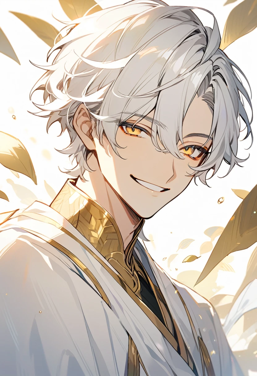 Handsome, solo, 1 male, short hair, gold eyes, white hair, white robe, smile facial
