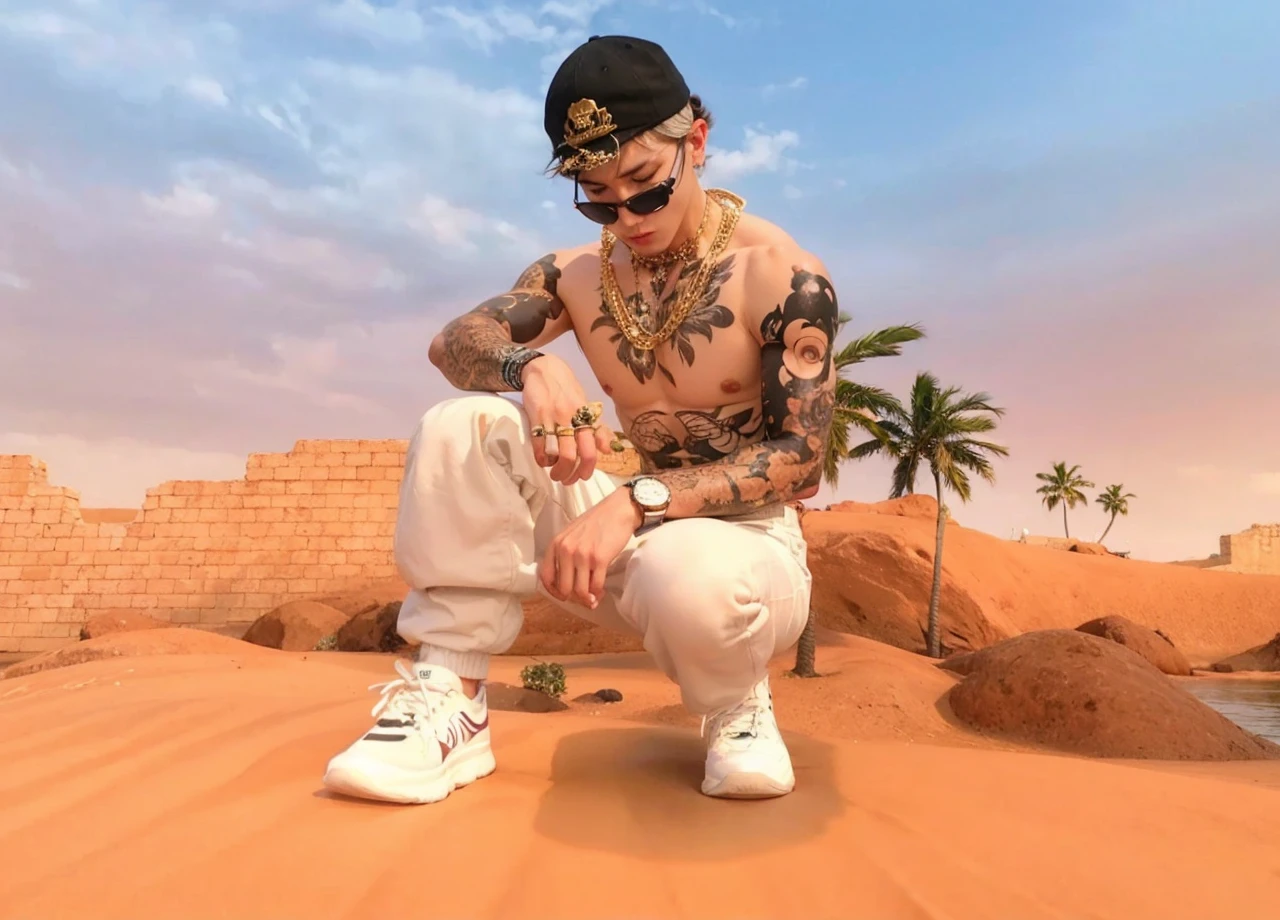 Man squatting shirtless black cap gold watch white pants white sneakers