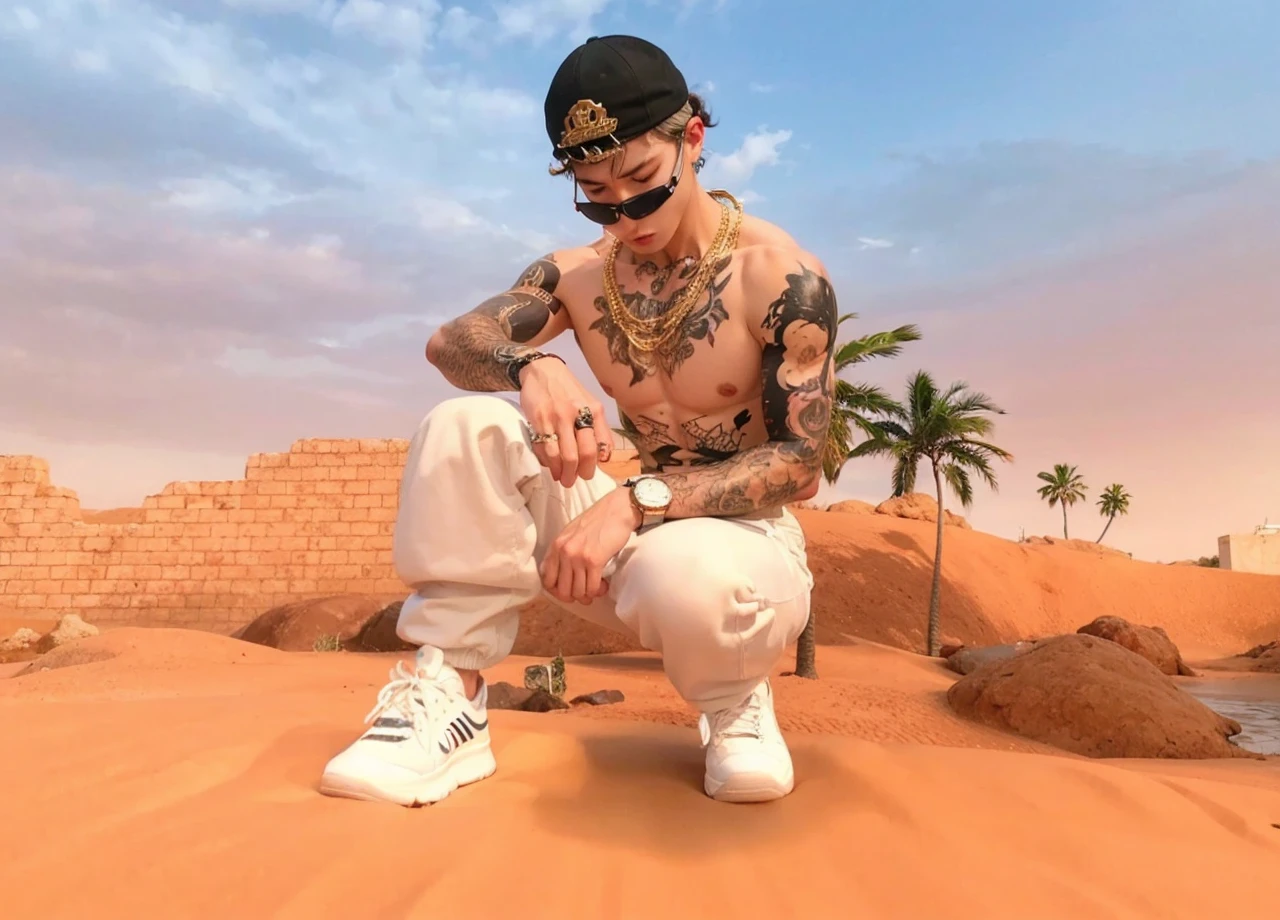 Man squatting shirtless black cap gold watch white pants white sneakers
