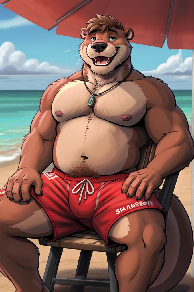 hi res, otter, anthro, 4 fingers, blurred background, middle aged mature male in mid 30's, average body, average bodied anthro, average bodied male, tail, sitting down and relaxing on very realistic very detailed very accurate beach chair at tropical beach, solo, detailed background, by dramamine, by nanoff, by minedoo, by dream_and_nightmare, by horrorbuns, short detailed multi tone otter fur, full body view, realistic otter fur pattern, colors, and markings, bottomwear, very calm relaxed talking face, very cool relaxed pose, frontal view, average height skinny slightly chubby body, no body hair, looking at viewer, smiling, open mouth, talking to viewer, showing teeth, detailed small nipples, nipple tips and areolas, detailed medium sized pecs and moobs, realistic detailed medium sized belly, very realistic body proportions, wearing realistic detailed colorful cool very tough and manly swim trunks, detailed short dark otter hair, detailed short cool very tough and manly mature hairstyle, detailed otter teeth, outdoors, wet fur, wearing detailed cool colorful very tough and manly necklace, detailed eyes, hdr, 8k, daddy, dad bod, dilf, belly overhang, very tough and manly, detailed deep navel,