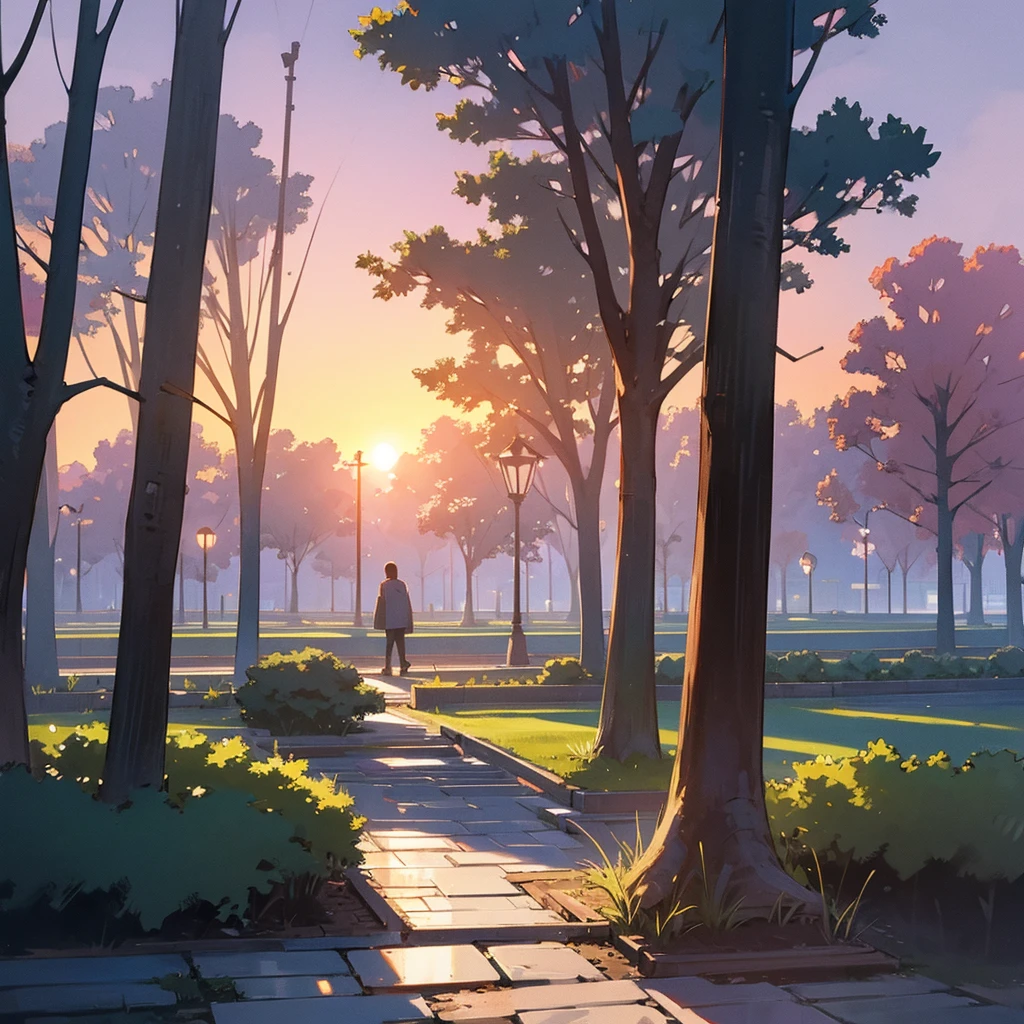 Only one seat in a CENTRALIZED square , sunset, with trees around, Scenery, landscape
