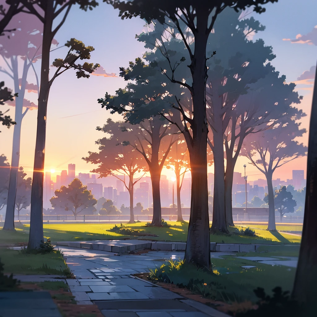 Only one seat in a CENTRALIZED square , sunset, with trees around, Scenery, landscape