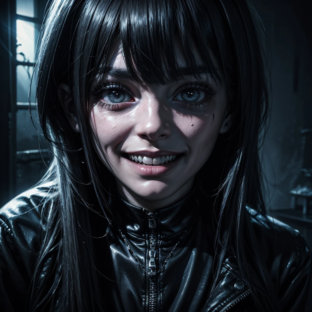 a horror police girl looking into the camera with a creepy smile, ghostly white pupils, sinister and haunting appearance, dark mysterious atmosphere, dramatic lighting, horror style, hyperrealistic, hyper detailed, cinematic, 8k, best quality, masterpiece