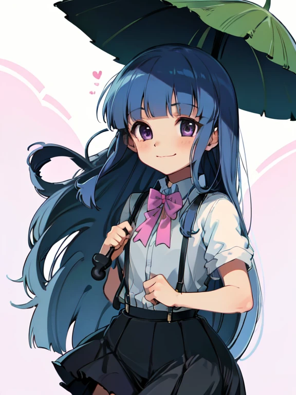 (leaf umbrella), leaf, One Girl, (Full Out Rika), Blue Hair, Purple eyes, Long Hair, blunt bangs, bangs, White shirt, Pink ribbon, suspenders, Black Skirt,