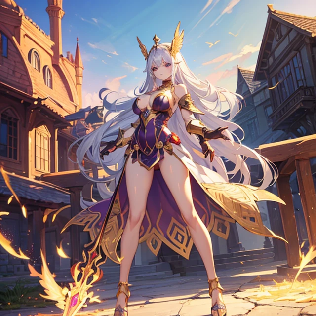 (Very detailed best high quality image, very detailed background, very detailed character and image)
1elfwoman: silver hair, long spiky messed silver hair with golden ahoge, purple eyes, pointy short ears, pale white skin, very beautiful face, absolute beauty, voluptuous figure, big breats, big butt, slender beautiful arms, beautiful legs, fire phoenix wings on her back, seductive smile, seductive eyes, full covered in fantasy battle armor, purple female armor, full body covered on metal, metal covering all her body with no vulnerable and revealing part, enormous golden shoulder pads, pink cape, purple full helmet with golden steel wings
She Handles a long golden claymore with flaming fire blade with her right arm
Brave courageous personality
Scenery: country Armenia, in front of the purple door of the golden castle
