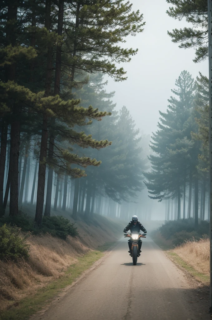 Pixel style, man exiting a trailer, while there is fog in the back, it trees in the back
