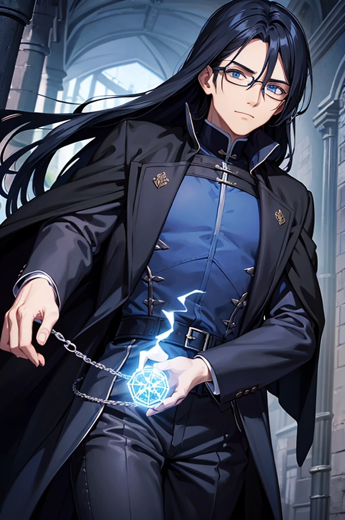 Man with glasses, magician with long black hair, dark blue eyes, wears blue with black magician clothes, young magician, intellectual, cold personality, medieval city background.